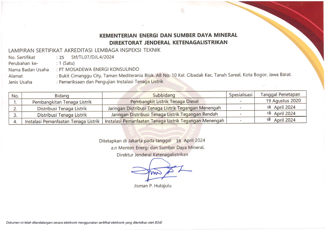 PT. Mosadewa Energi Konsulindo adalah Lembaga Inspeksi Teknik Sertifikat Laik Operasi (SLO) terakreditasi Nomor : 25 Stf/TL.07/DJL.4/2024 yang Ditunjuk oleh kementrian Energi Sumber Daya Mineral Direktorat Jenderal Ketenagalistrikan untuk melakukan pemeriksaan dan pengujian instalasi listrik, Bidang : Pembangkit Listrik Tenaga Diesel, Jaringan Distribusi Tenaga Listrik Tegangan Menengah dan Rendah, Instalasi Pemanfaatan Tenaga Listrik Tegangan Menengah