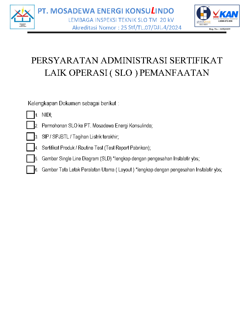 Persyaratan Administrasi Proses Registrasi Sertifikat Laik Operasi (SLO)